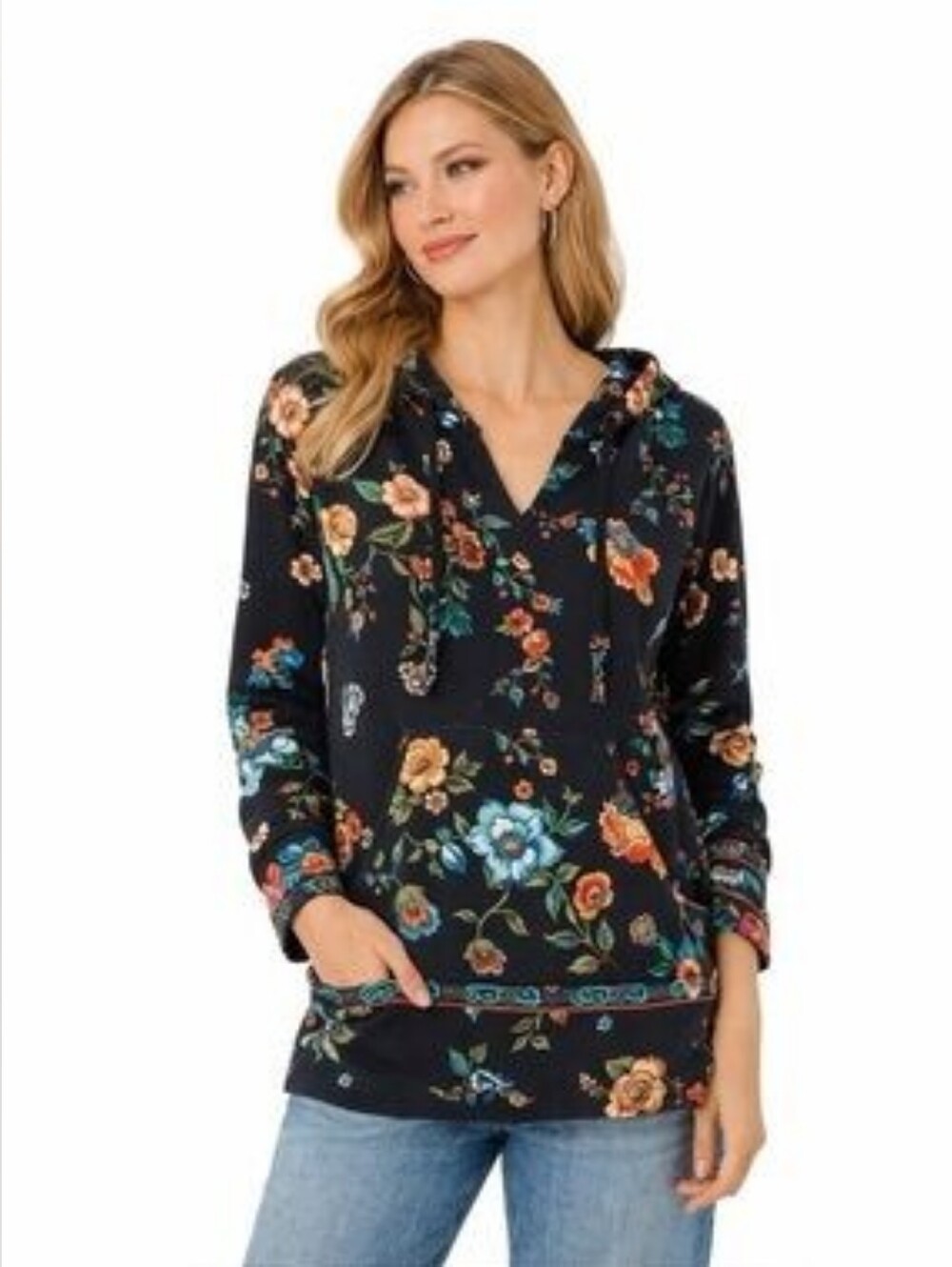 Johnny Was Colorful Floral Lightweight Pullover Pocket Hoodie Womens Size Medium